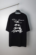 Black crewneck T-shirt with signature-style graphic print at chest