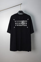 Black crew-neck T-shirt with large back numeric graphic print and short sleeves
