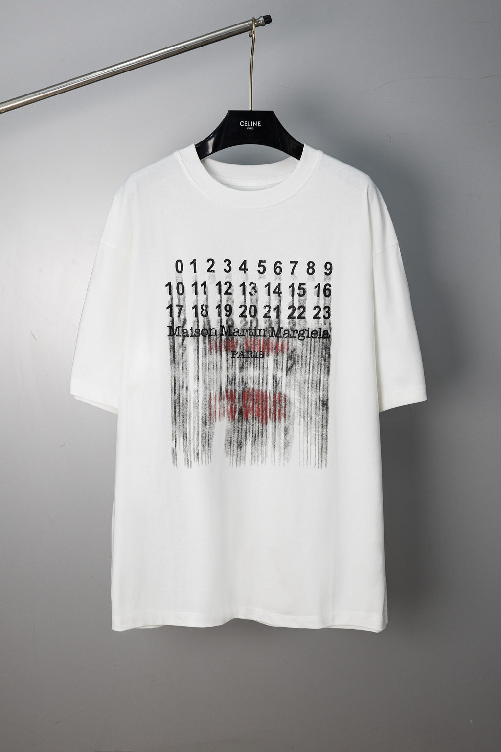 White crew-neck T-shirt with Maison Margiela graphic print on front
