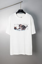 White crew-neck T-shirt with cat graphic print and numbered lettering