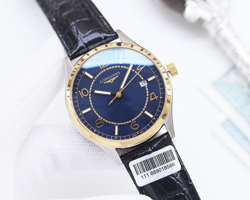 Longines wristwatch with blue dial, black leather strap, gold-tone case, metal crown