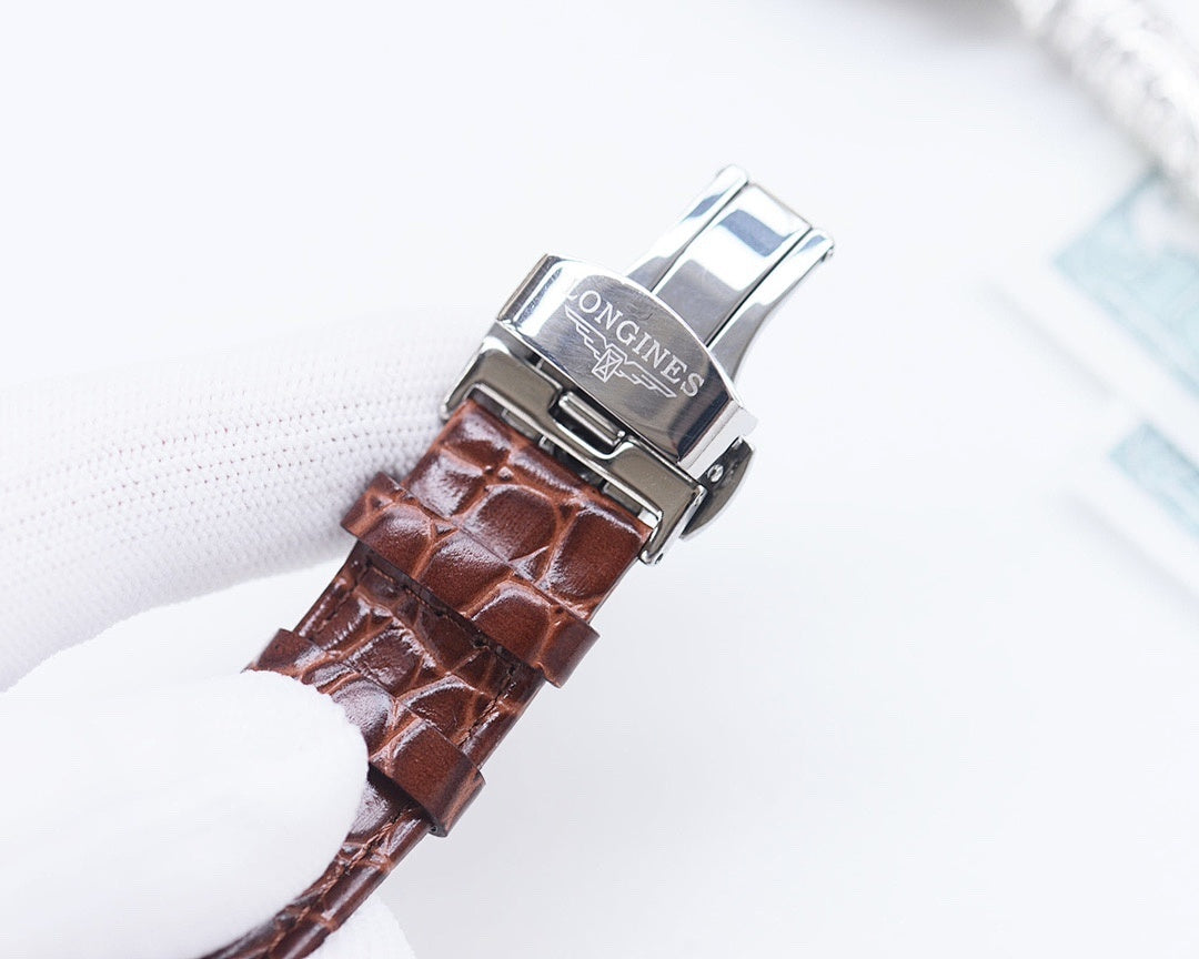 Longines leather watch strap with metal buckle and clasp, brown leather underside