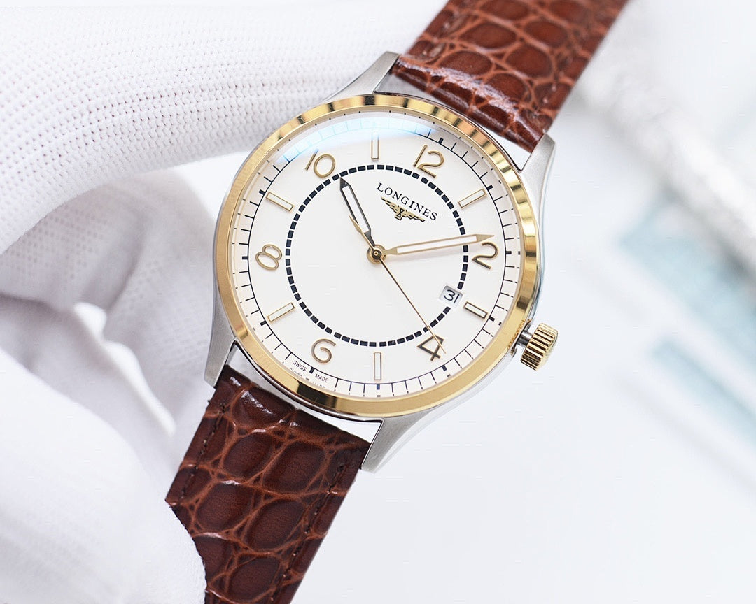 Longines wristwatch with white dial, brown leather strap, gold-tone bezel, hour markers