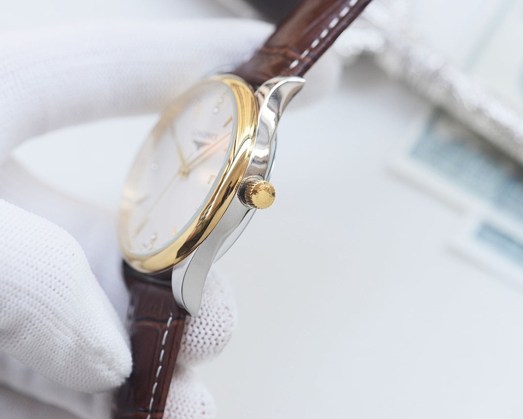 Longines wristwatch with gold-tone case, light dial, and brown leather strap