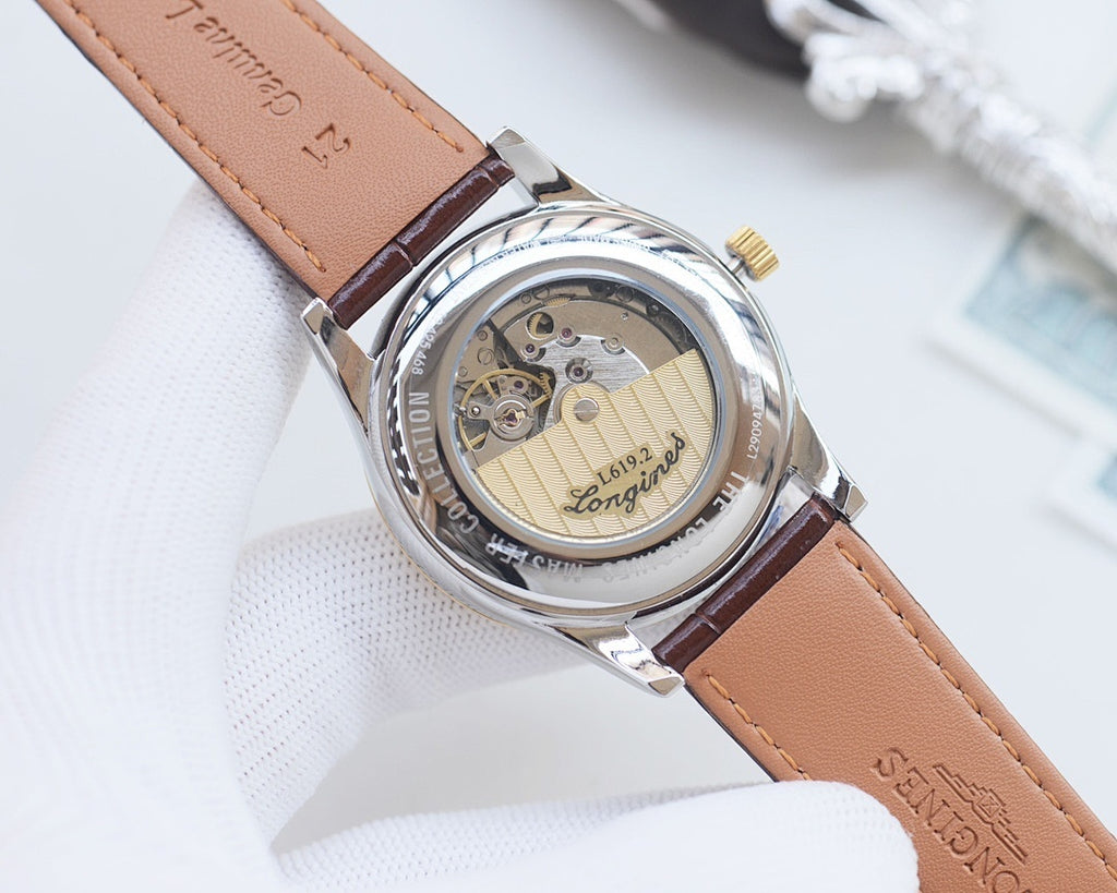 Longines watch caseback view with exposed movement and brown leather strap