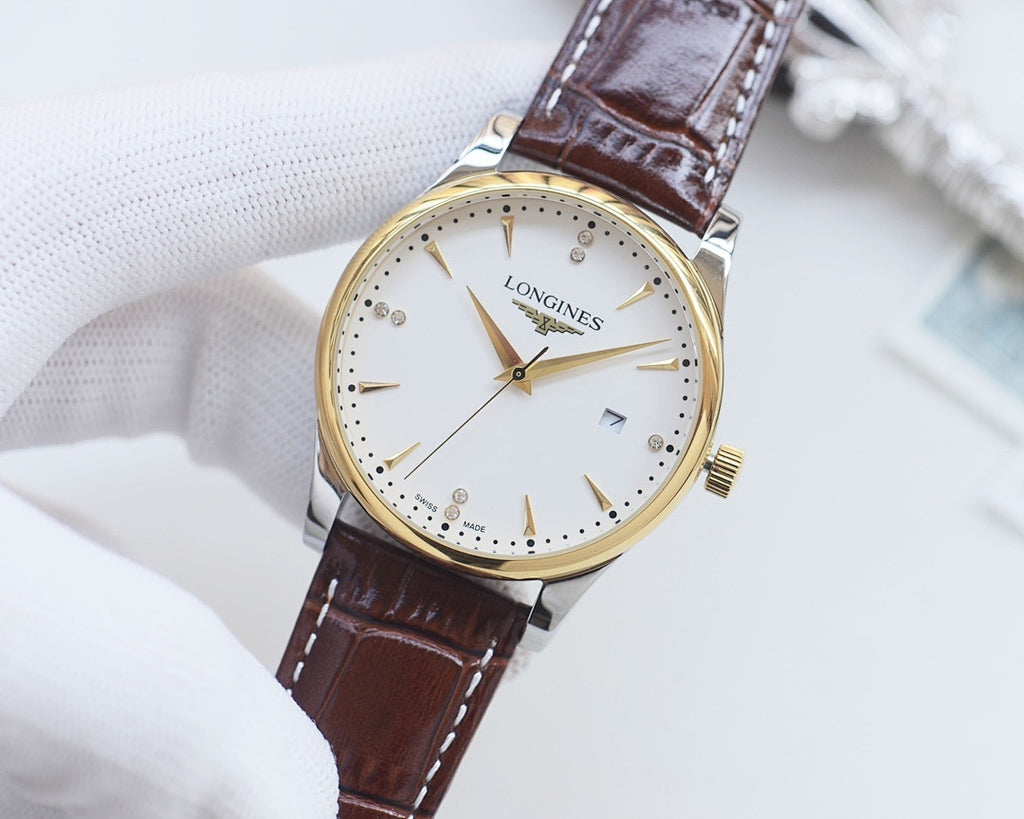 Longines wristwatch with white dial, gold-tone case, and brown leather strap
