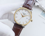 Longines wristwatch with white dial, gold-tone case, and brown leather strap