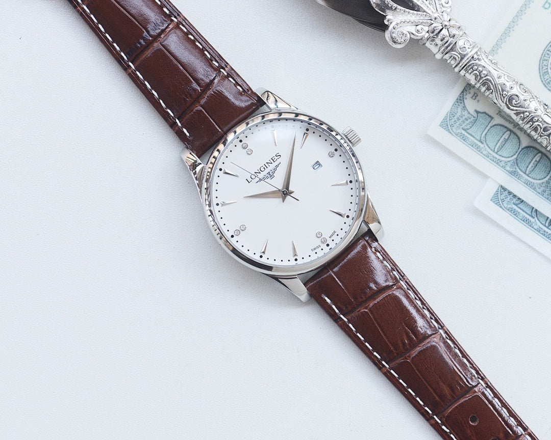 Longines wristwatch with white dial, silver-tone case, and dark brown leather strap