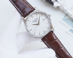 Longines wristwatch with white dial, silver-tone case, and brown leather strap