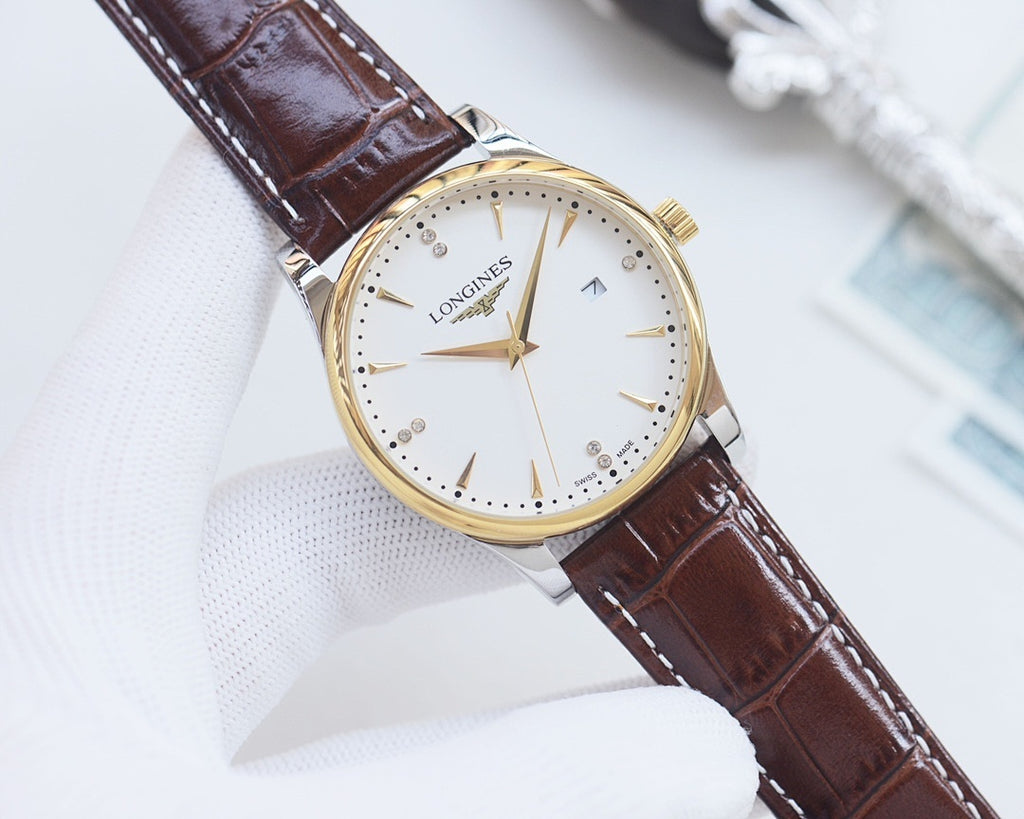 Longines wristwatch with white dial, gold-tone bezel, and brown leather strap