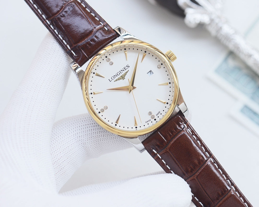 Longines wristwatch with white dial, gold-tone bezel, and brown leather strap