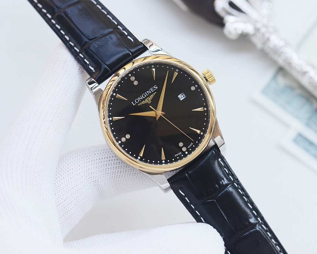 Longines wristwatch with black dial, gold-tone case, and dark blue leather strap