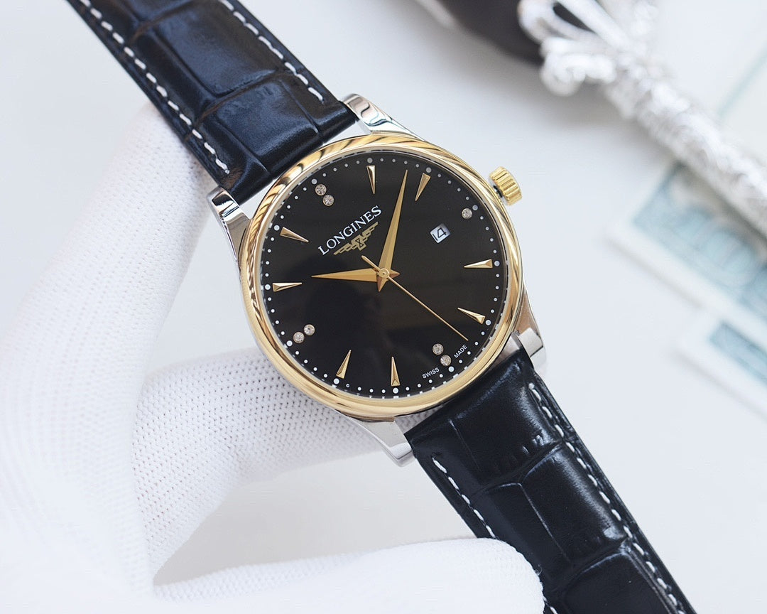 Longines wristwatch with black dial, gold-tone case, and dark blue leather strap