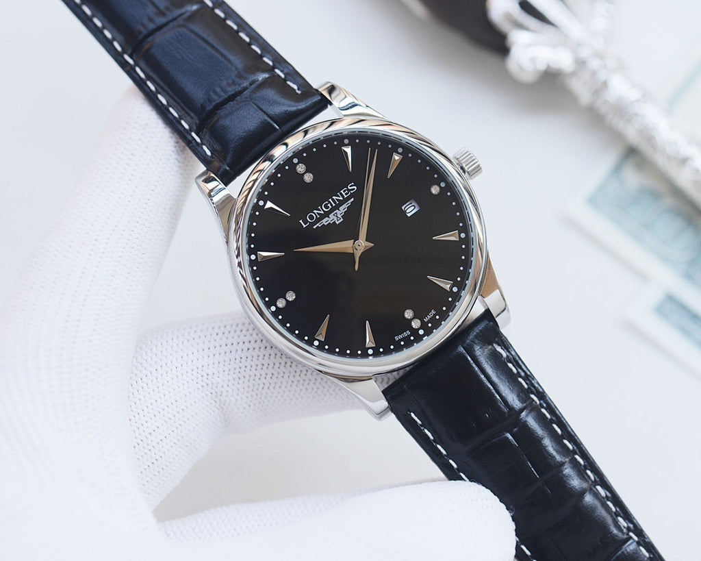 Longines wristwatch with black dial, silver-tone case, and dark blue leather strap