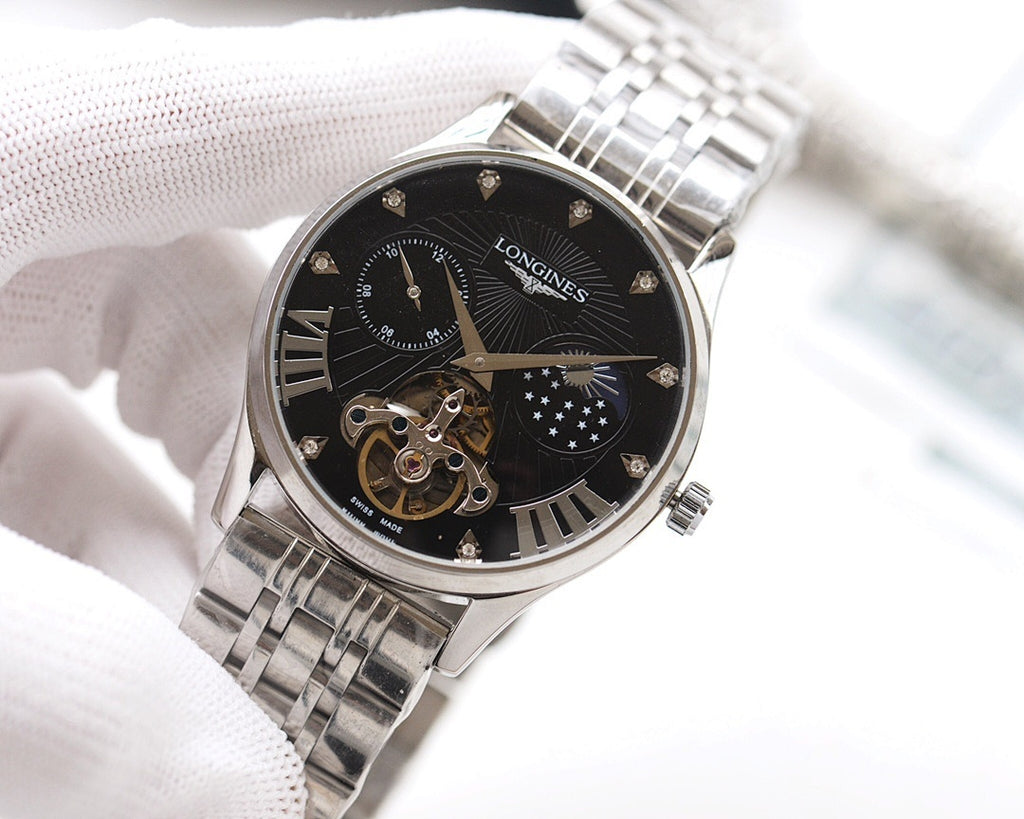 Sleek watch with black dial, visible movement, and stainless metal link bracelet