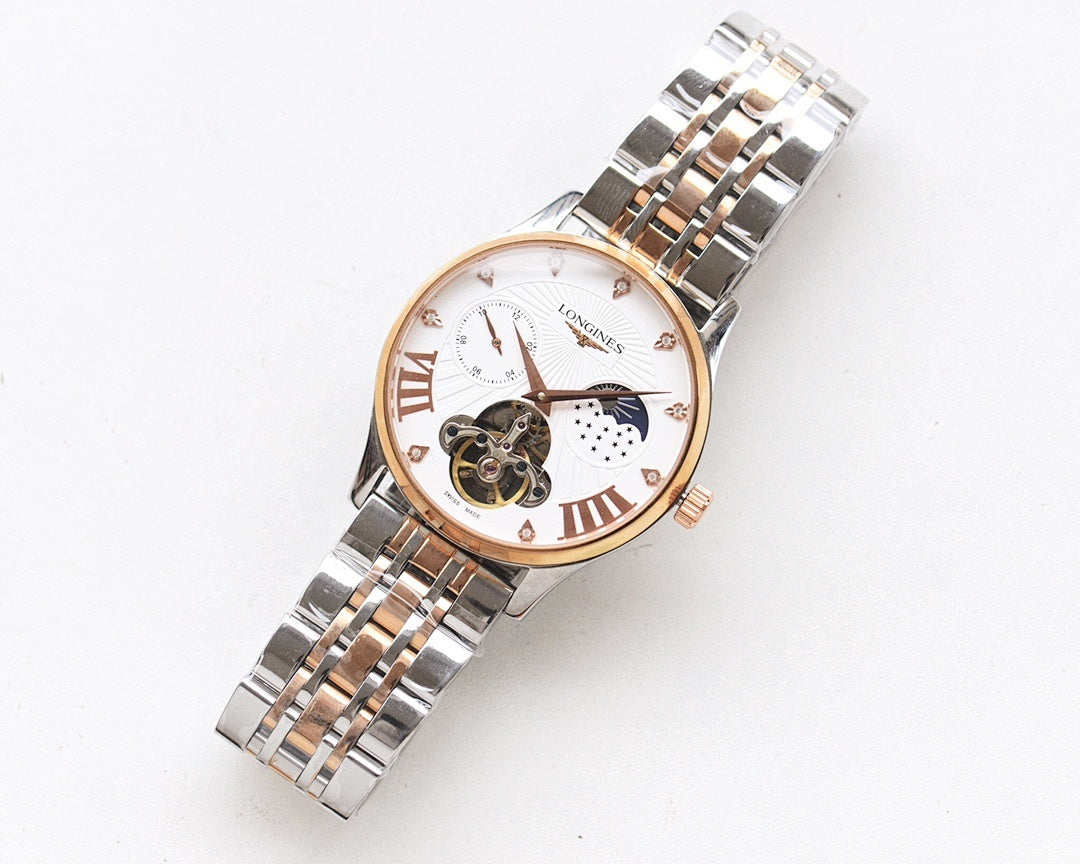Two-tone watch with white dial, rose gold bezel accents, and metal link bracelet