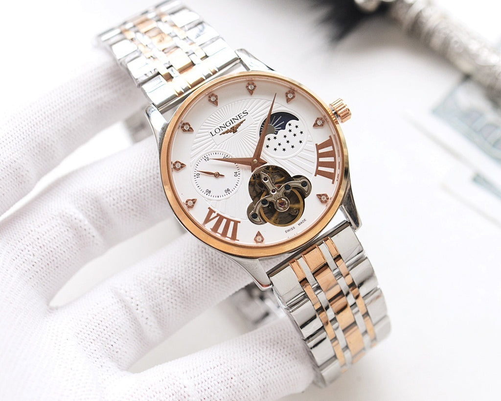 Two-tone watch with white dial, gold accents, and skeleton movement on metal bracelet