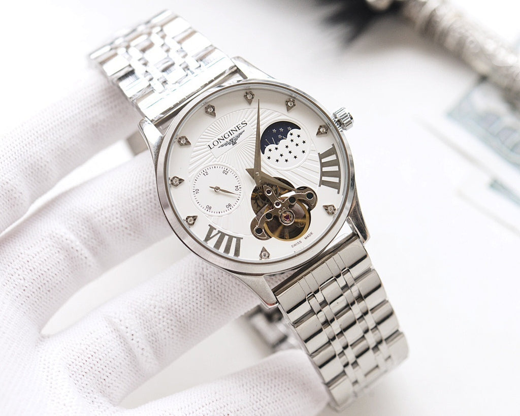 Stainless steel watch with white dial, skeleton details, and metal link bracelet