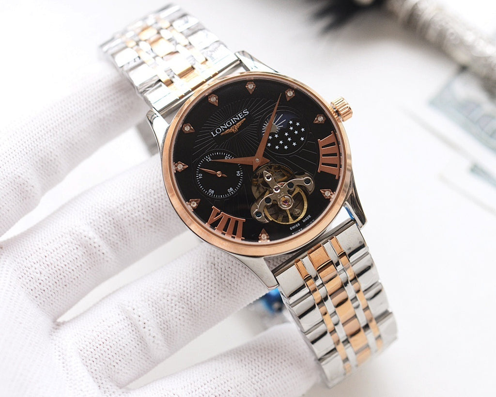 Two-tone watch with black dial, gold accents, and stainless metal link bracelet