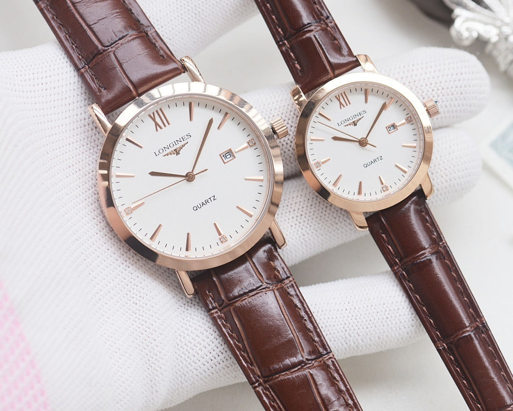 Quartz wristwatch set with white dials and brown leather straps, rose-gold cases