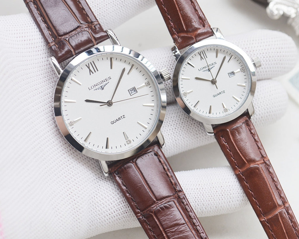 Quartz wristwatch set with white dials and brown leather straps, silver cases