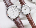 Quartz wristwatch set with white dials and brown leather straps, silver cases