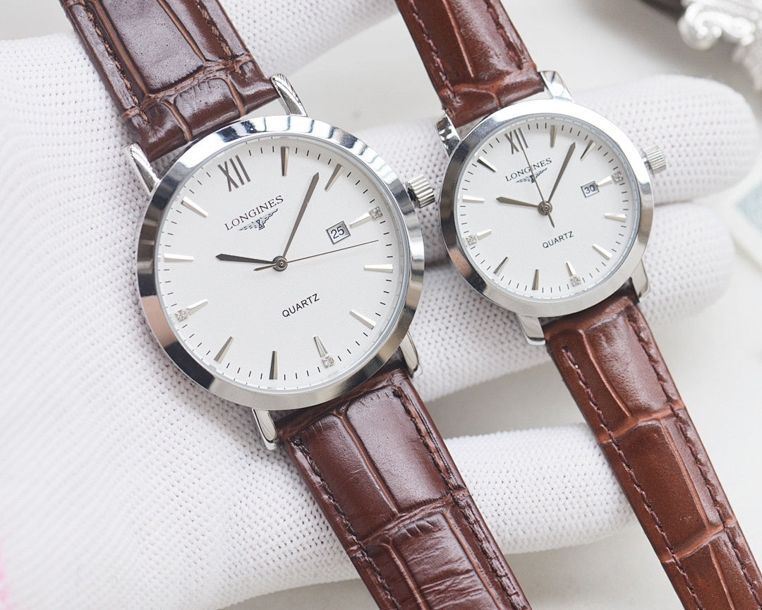 Quartz wristwatch set with white dials and brown leather straps, silver cases