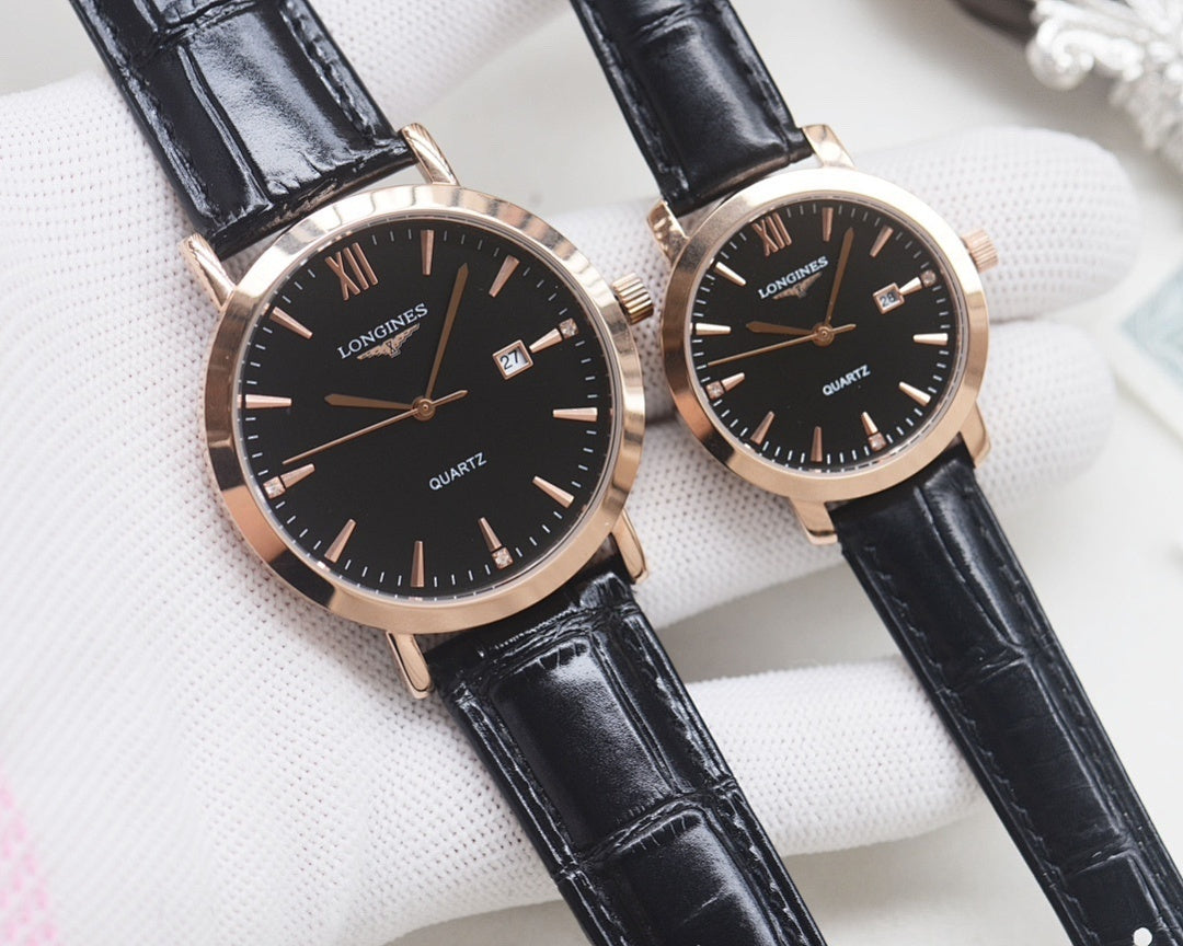 Quartz wristwatch set with black dials and black leather straps, rose-gold cases