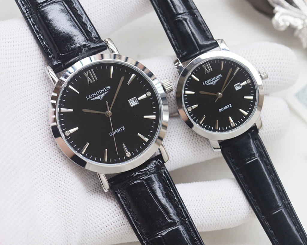 Quartz wristwatch set with black dials and black leather straps, silver cases