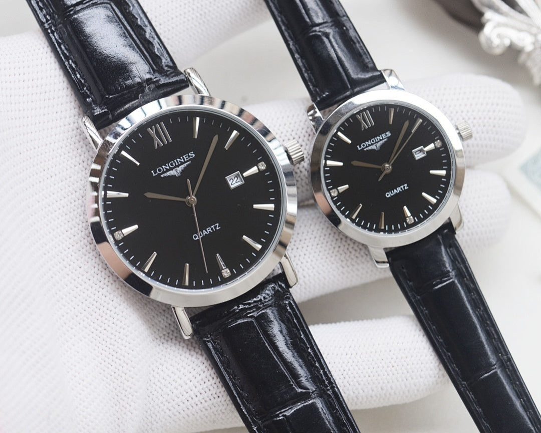 Quartz wristwatch set with black dials and black leather straps, silver cases