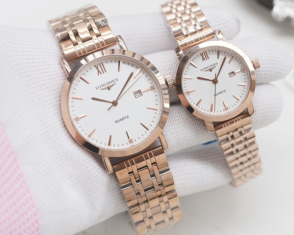 Quartz wristwatch set with white dials and rose-gold metal link bracelets