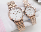 Quartz wristwatch set with white dials and rose-gold metal link bracelets