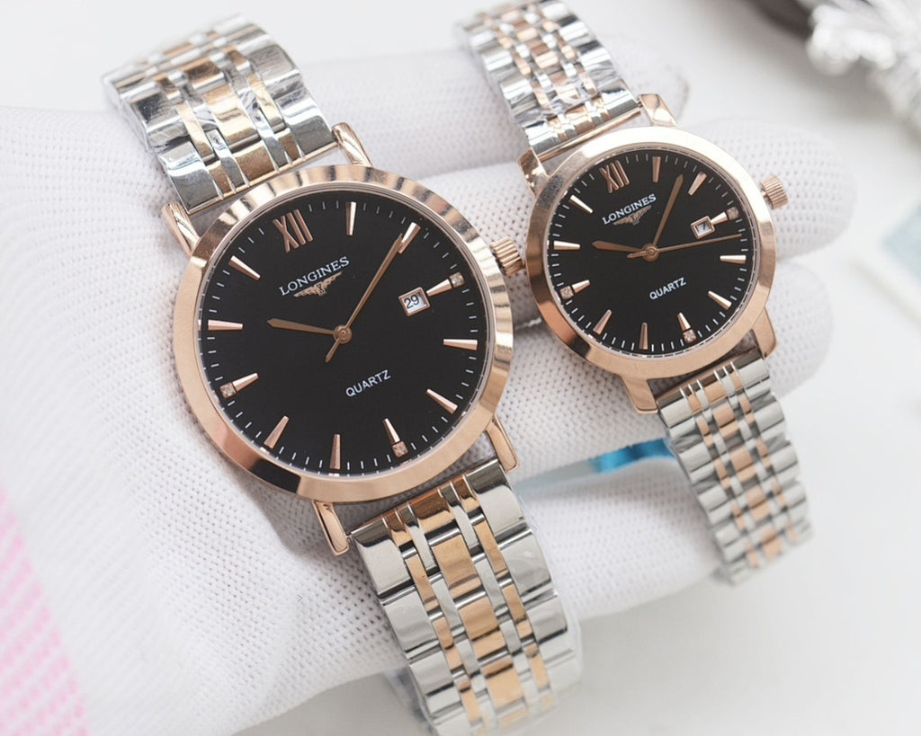 Quartz wristwatch set with black dials and mixed metal link bracelets