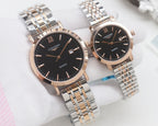 Quartz wristwatch set with black dials and mixed metal link bracelets