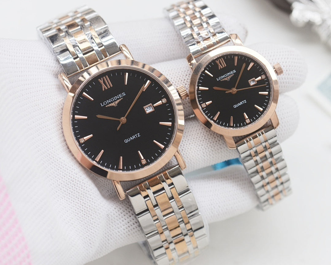 Quartz wristwatch set with black dials and mixed metal link bracelets