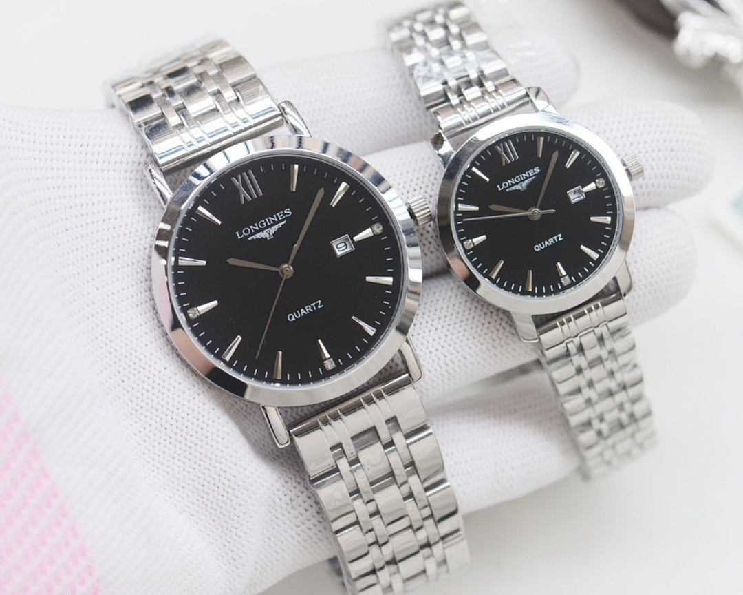 Quartz wristwatch set with black dials and silver metal link bracelets