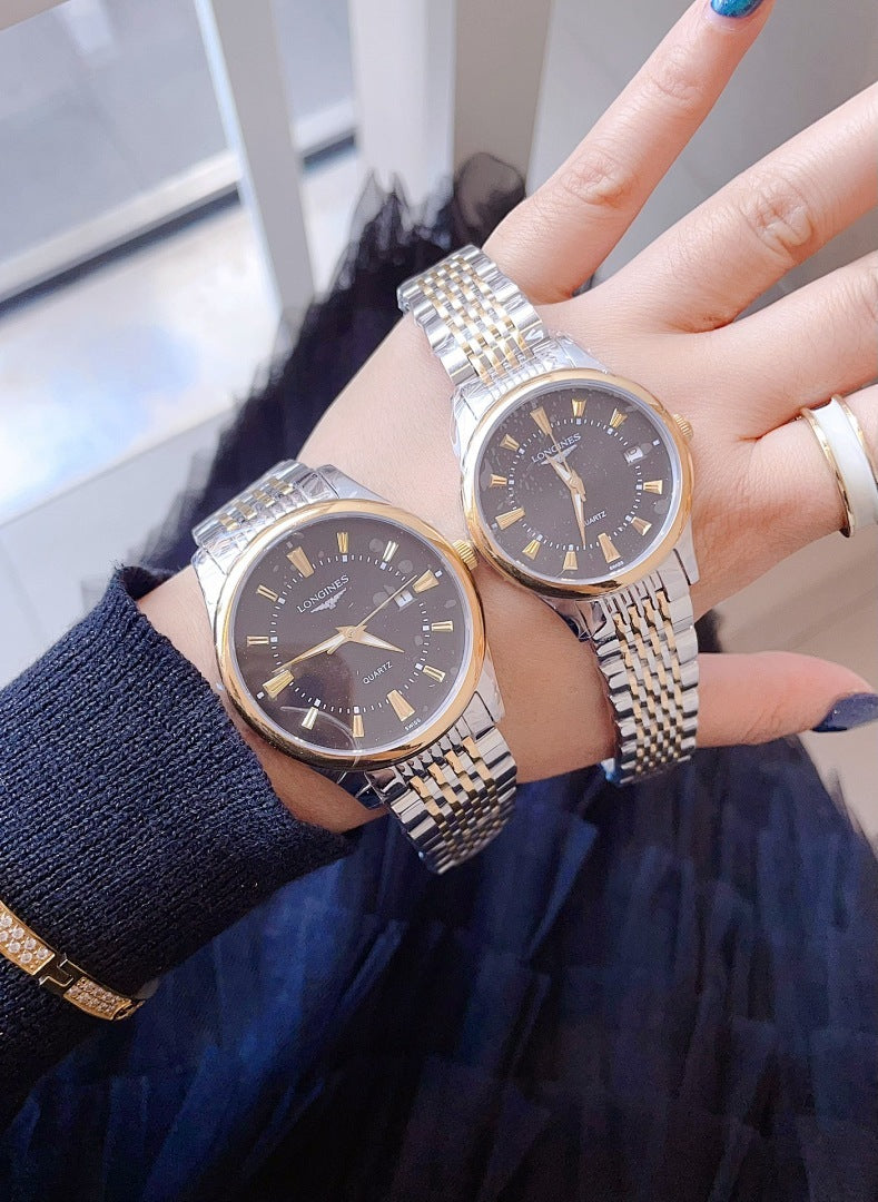 Two round stainless steel wristwatches with dark dials and metal link bracelets on wrist
