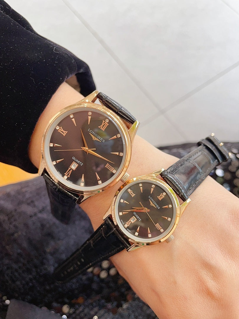 Pair of Longines watches with dark dials, silver cases, black leather straps