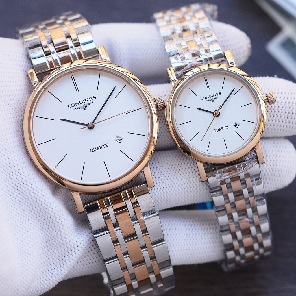 Quartz wristwatch pair with white dials and two-tone stainless steel bracelet straps