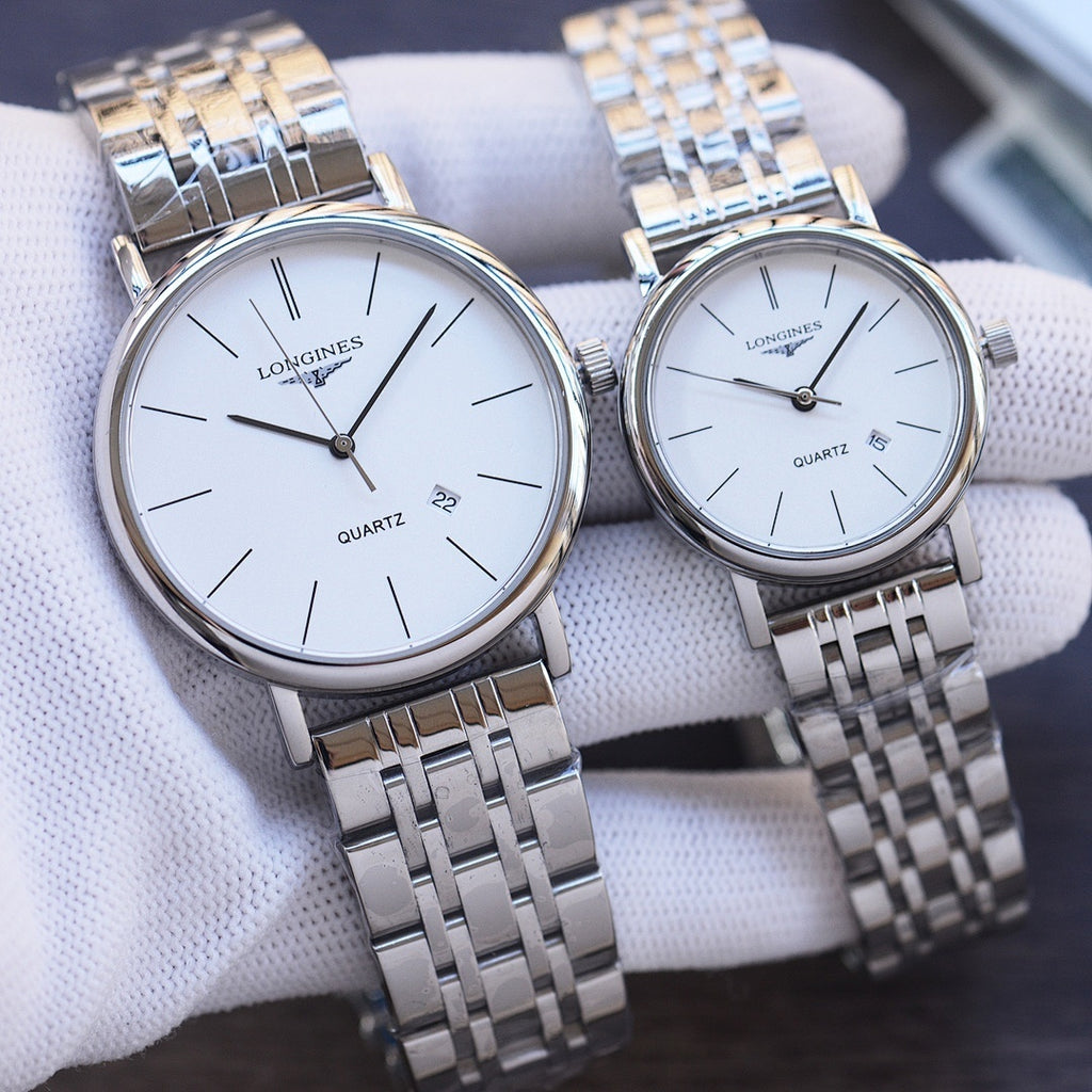 Stainless steel Longines wrist watches with white analog dial and quartz markers