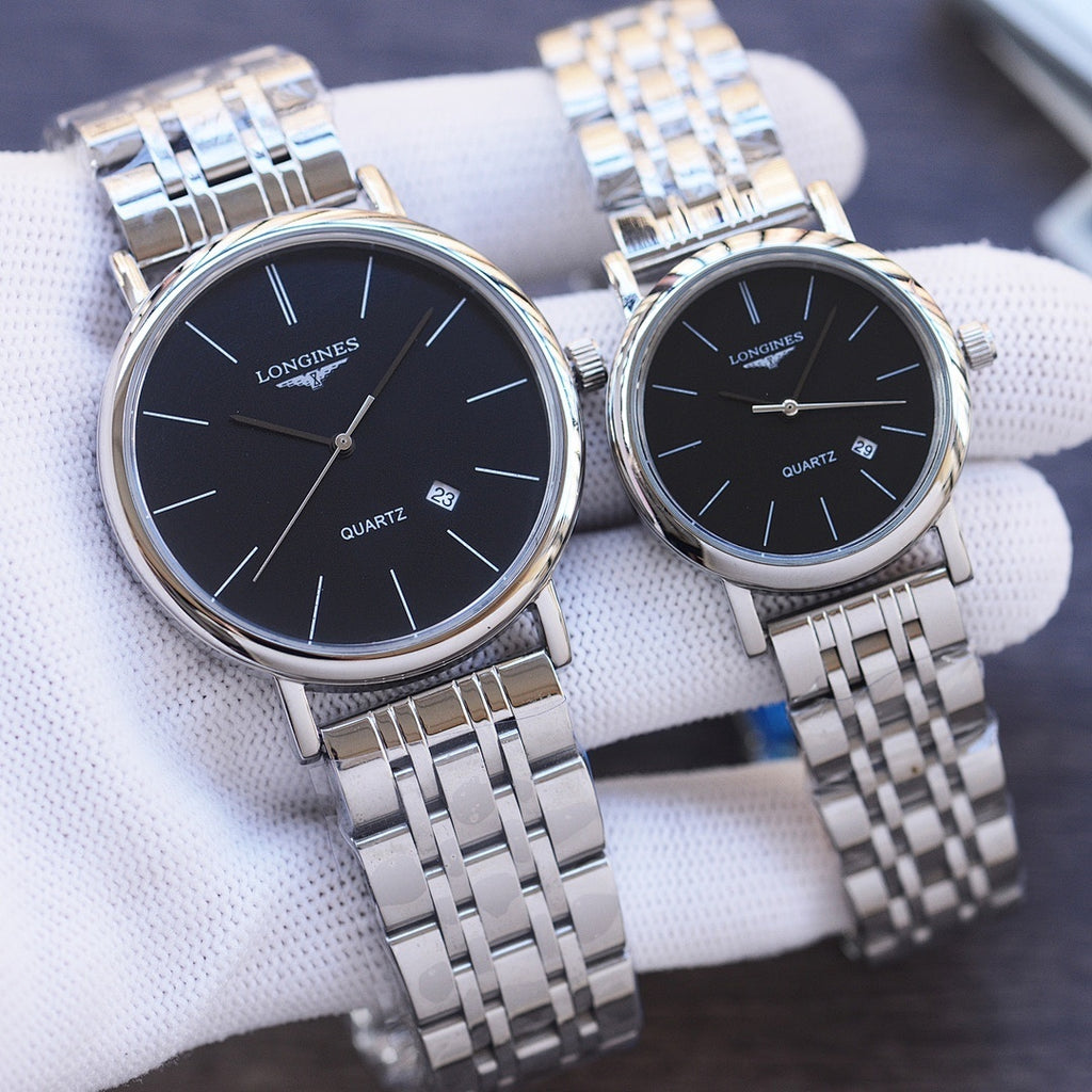 Stainless steel Longines wrist watches with black analog dial and quartz markers