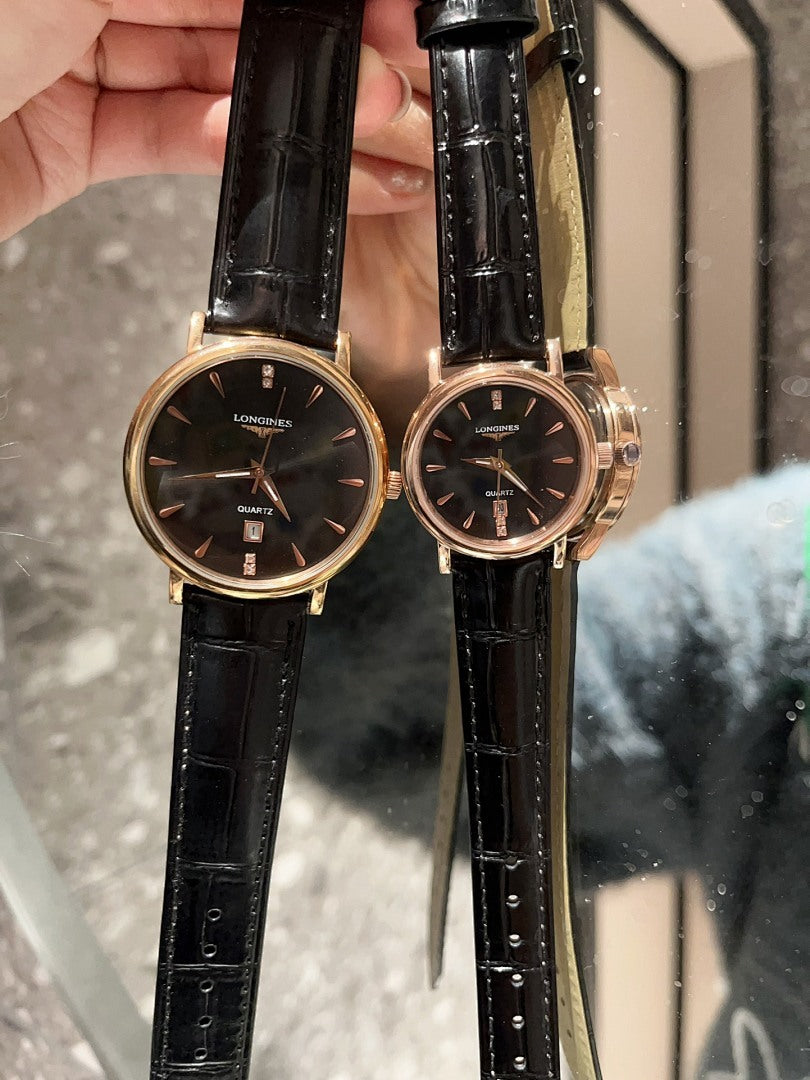 Analog wristwatches with dark dials and black leather straps, gold cases