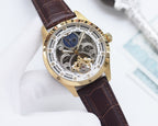Longines skeleton watch with blue dial, gold-tone case, brown leather strap