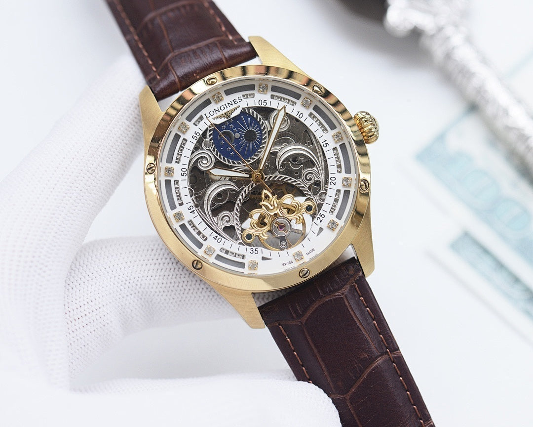 Longines skeleton watch with blue dial, gold-tone case, brown leather strap