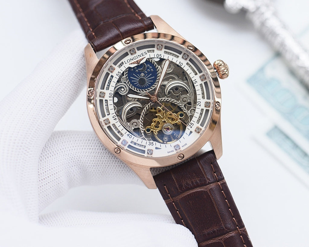 Longines skeleton watch with white dial, rose-gold case, brown leather strap