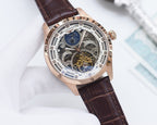 Longines skeleton watch with white dial, rose-gold case, brown leather strap