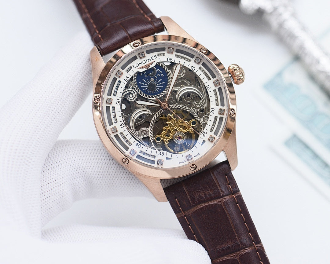 Longines skeleton watch with white dial, rose-gold case, brown leather strap