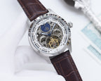 Longines skeleton watch with white dial, silver-tone case, brown leather strap