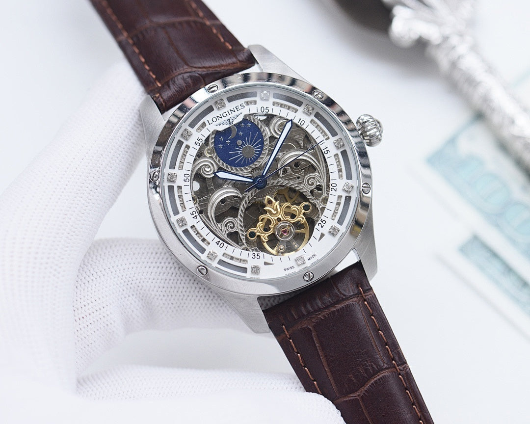 Longines skeleton watch with white dial, silver-tone case, brown leather strap