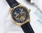 Longines skeleton watch with blue dial, gold-tone case, black leather strap